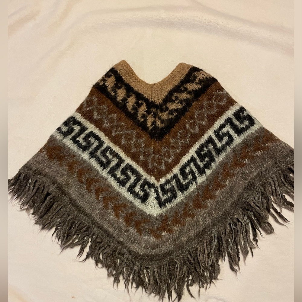Cozy Fringe Knit Poncho in Brown and Gray